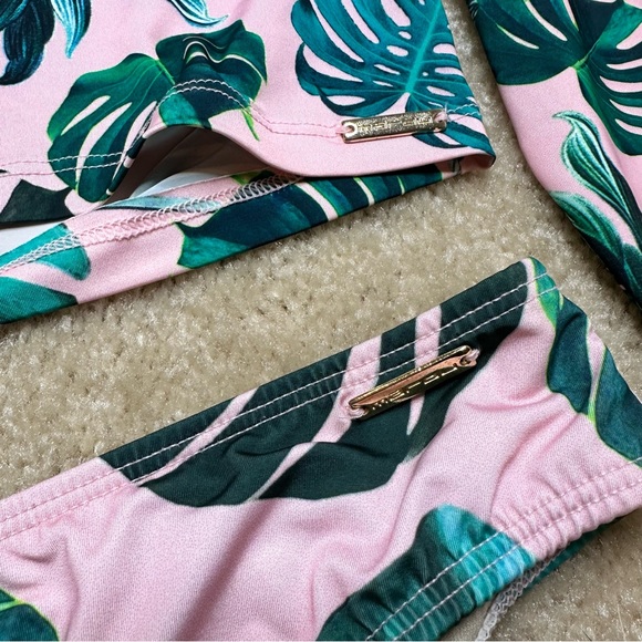 Mardu Pink Palm Leaf Print Bikini With Cropped Rash Guard S/M - Picture 2 of 6